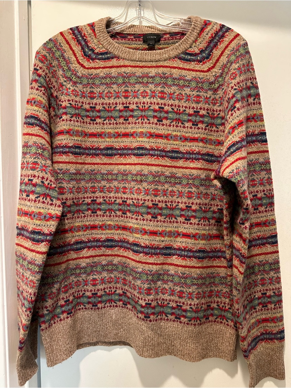 J. Crew Men’s Fair Isle Crewneck Sweater in Tan Multi Size Large 100% Lambswool